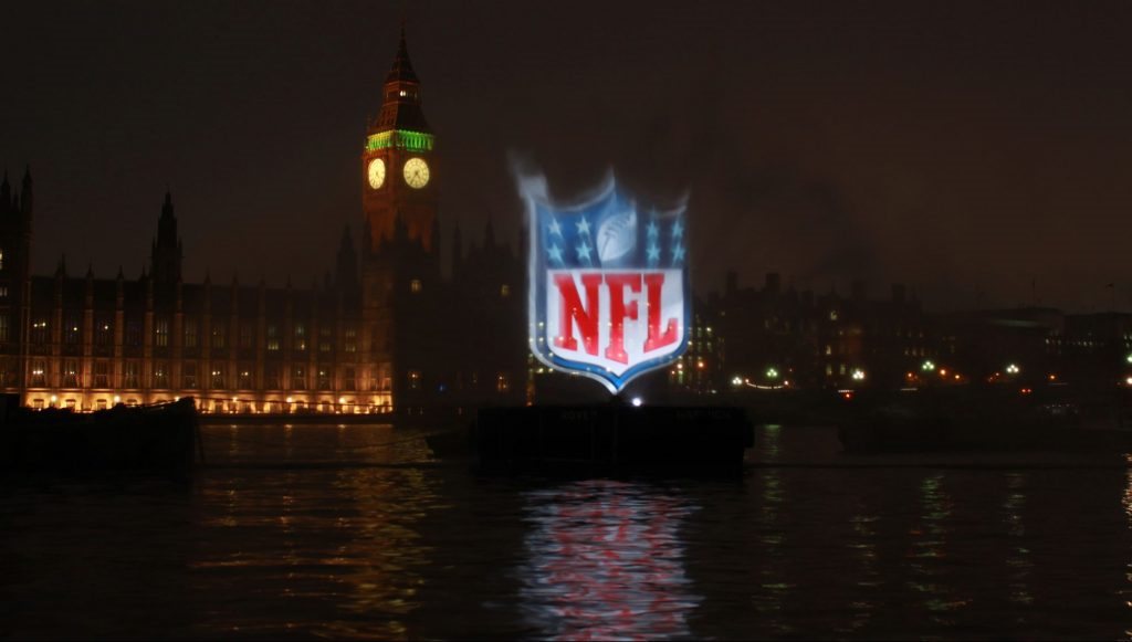 FLOATING WATER PROJECTION SCREEN ON RIVER THAMES, LONDON FOR THE NFL